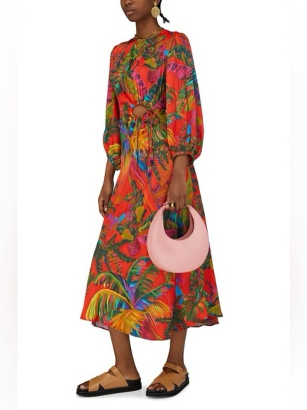 Farm Rio Urban Jungle Midi Dress Womens Small Orange Green Excellent Cutout